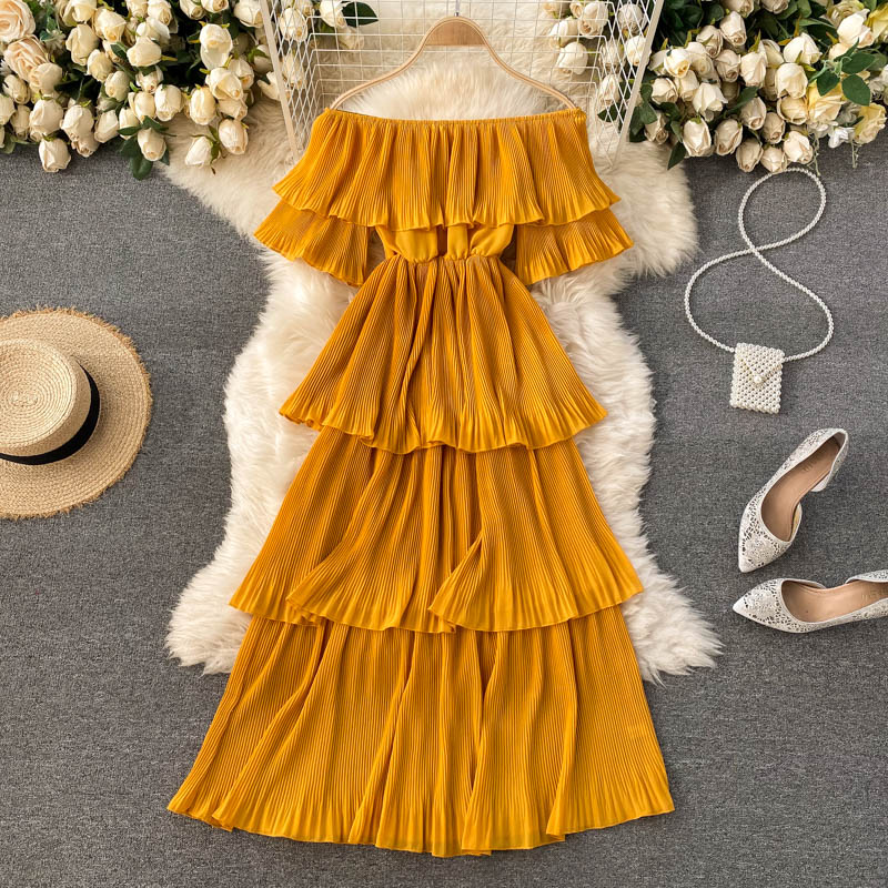 New Summer Women Beach Vacation Dress Sexy Slash Neck Off Shoulder Sweet Pleated Cake Hem Slim Long Dress