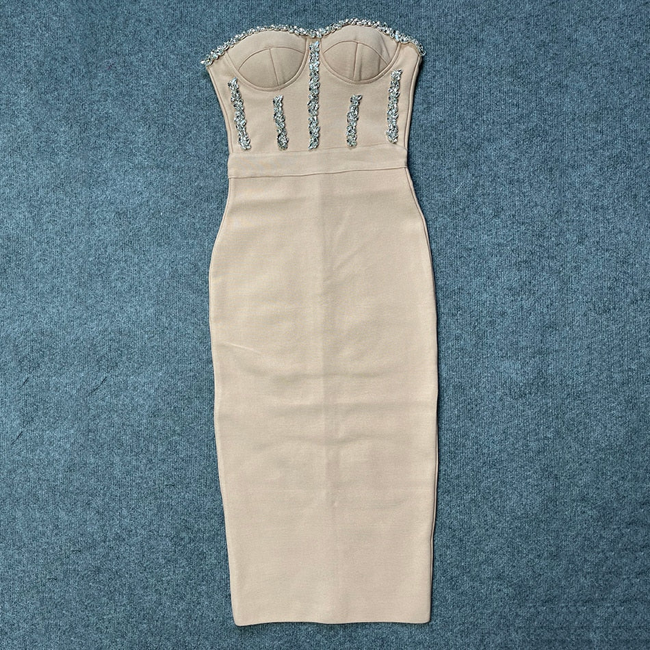 New Women'S Fashion Bead Chain Crystal Design Long Dress Sexy Sleeveless Backless Celebrity Party Bandage Dress