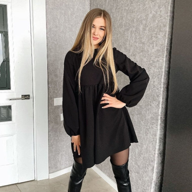O-Neck Folds Lantern Sleeve Casual Dresses Autumn Solid Color A-Line Loose Comfort High Waist Dress For Women New