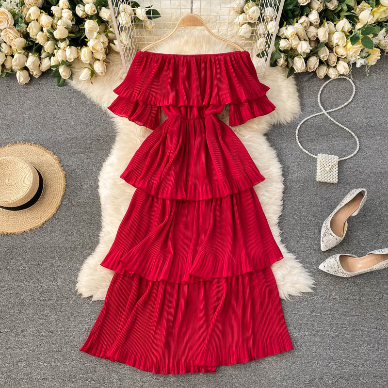 New Summer Women Beach Vacation Dress Sexy Slash Neck Off Shoulder Sweet Pleated Cake Hem Slim Long Dress
