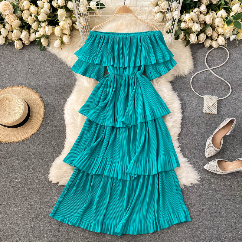 New Summer Women Beach Vacation Dress Sexy Slash Neck Off Shoulder Sweet Pleated Cake Hem Slim Long Dress