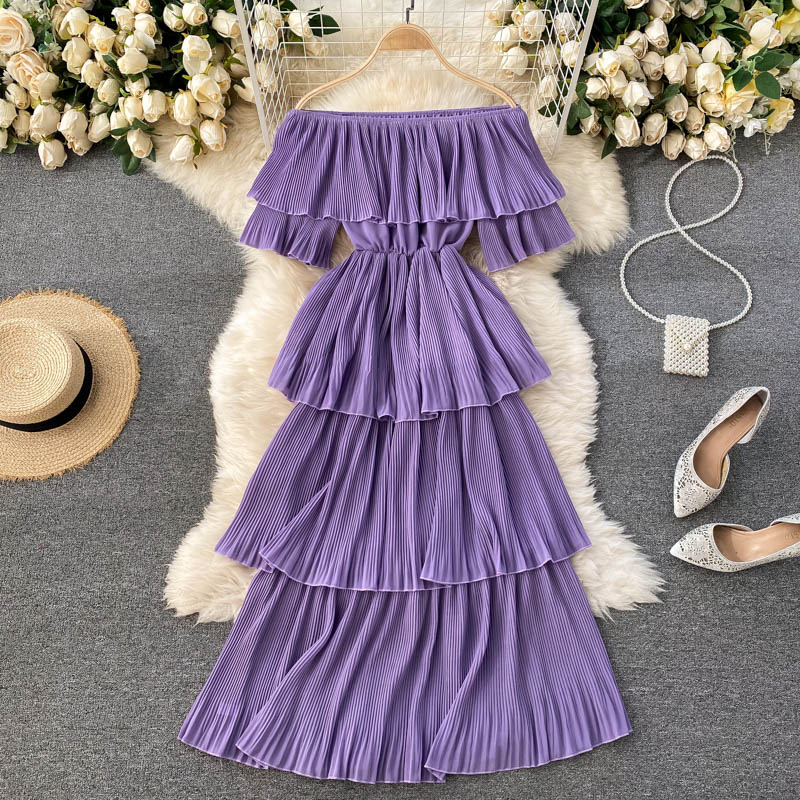 New Summer Women Beach Vacation Dress Sexy Slash Neck Off Shoulder Sweet Pleated Cake Hem Slim Long Dress
