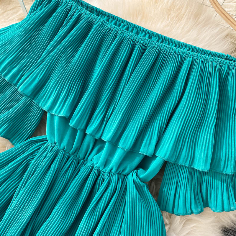 New Summer Women Beach Vacation Dress Sexy Slash Neck Off Shoulder Sweet Pleated Cake Hem Slim Long Dress