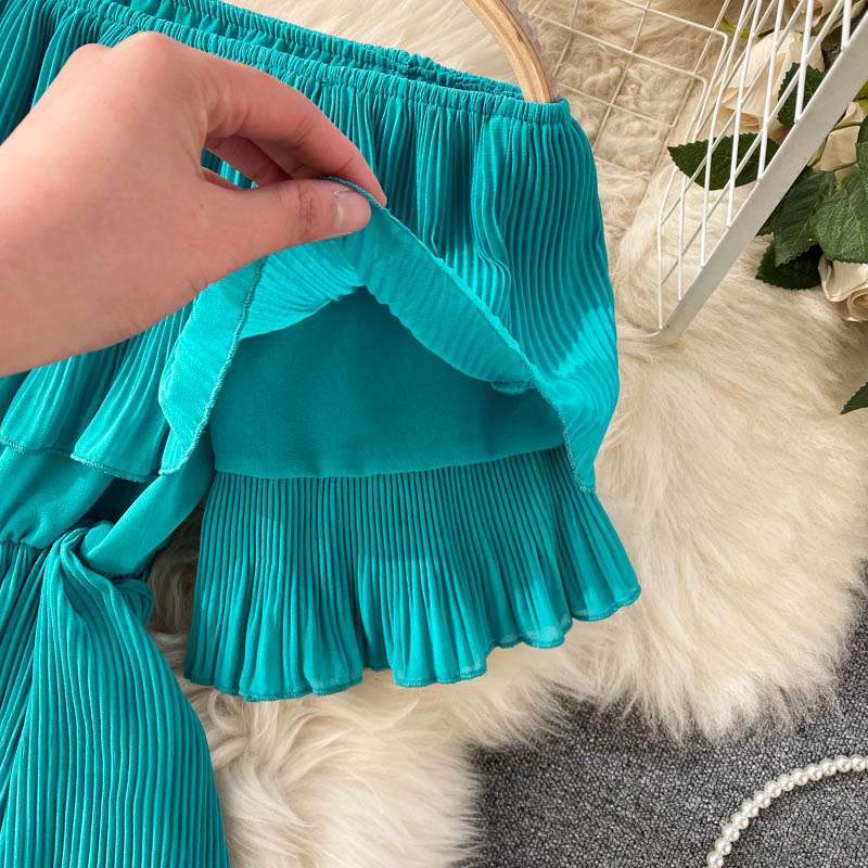 New Summer Women Beach Vacation Dress Sexy Slash Neck Off Shoulder Sweet Pleated Cake Hem Slim Long Dress