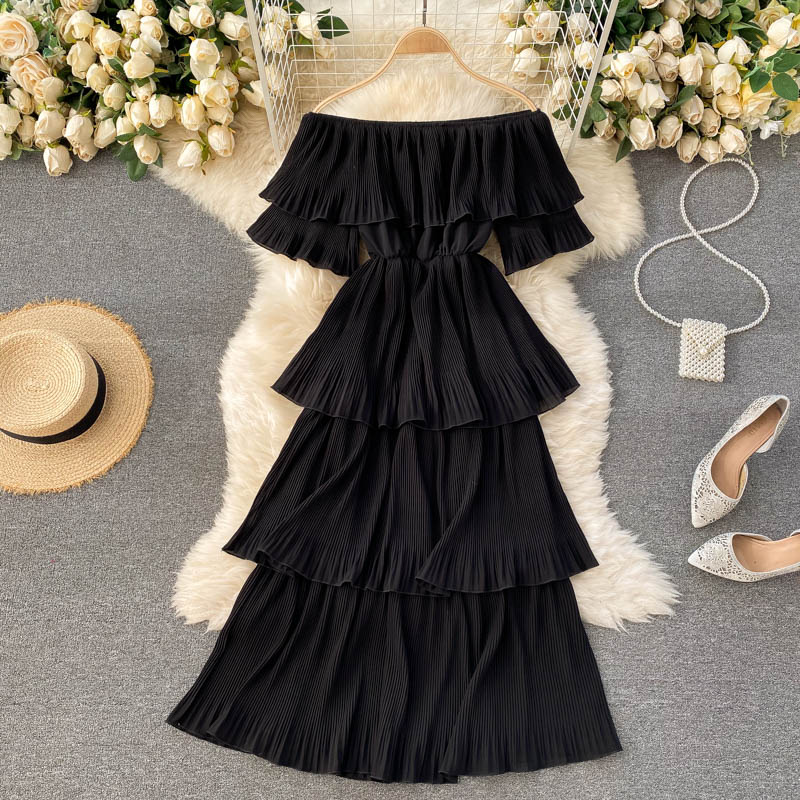 New Summer Women Beach Vacation Dress Sexy Slash Neck Off Shoulder Sweet Pleated Cake Hem Slim Long Dress