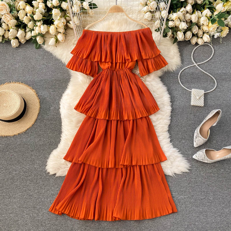 New Summer Women Beach Vacation Dress Sexy Slash Neck Off Shoulder Sweet Pleated Cake Hem Slim Long Dress