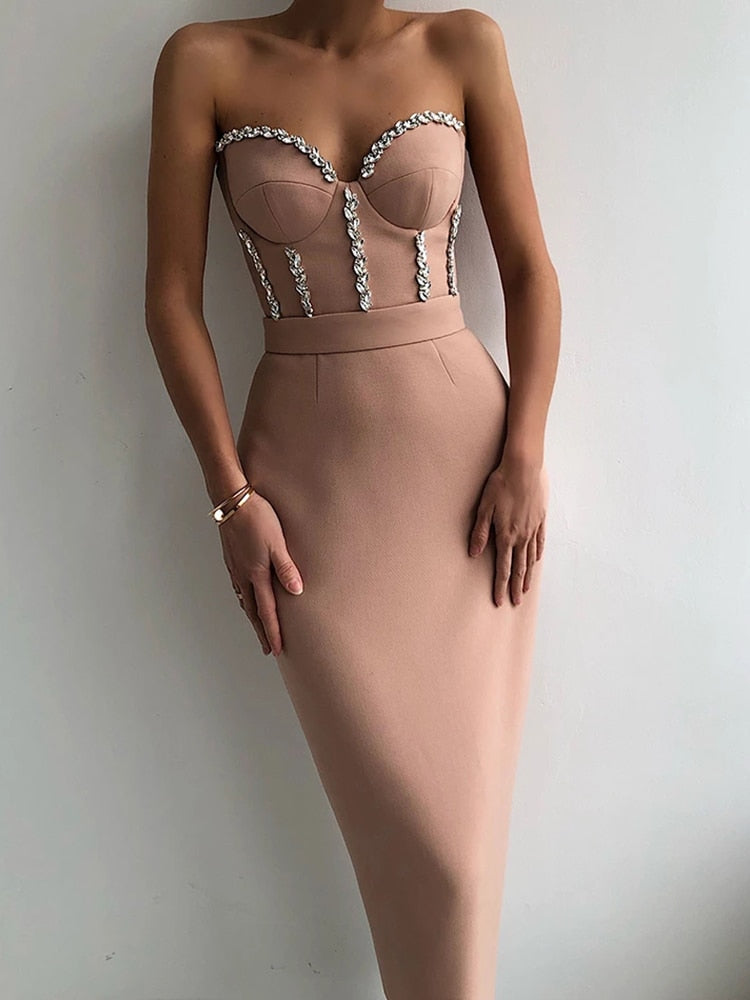 New Women'S Fashion Bead Chain Crystal Design Long Dress Sexy Sleeveless Backless Celebrity Party Bandage Dress
