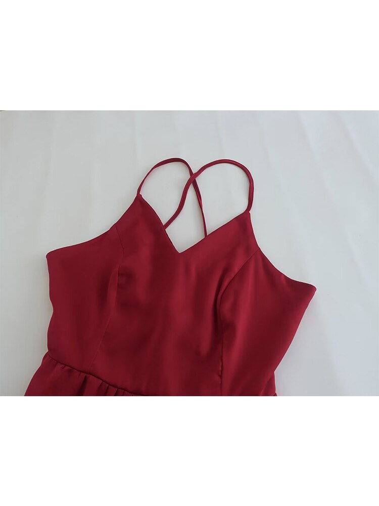 New Women Lace Up Bandage Backless Sling Dress Vintage Wine Red Sleeveless Ladies Satin Party Sexy Dresses