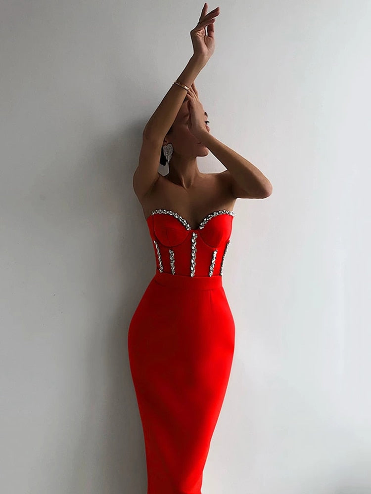 New Women'S Fashion Bead Chain Crystal Design Long Dress Sexy Sleeveless Backless Celebrity Party Bandage Dress