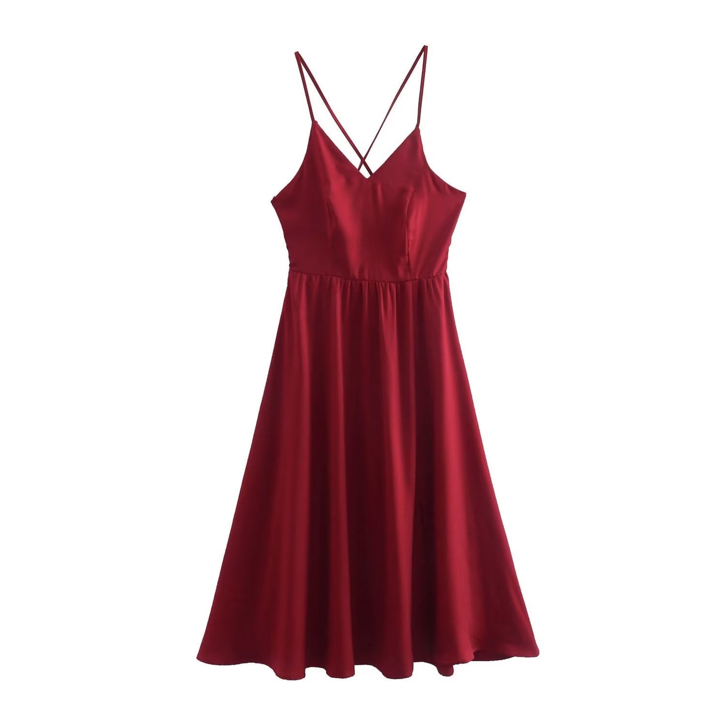 New Women Lace Up Bandage Backless Sling Dress Vintage Wine Red Sleeveless Ladies Satin Party Sexy Dresses