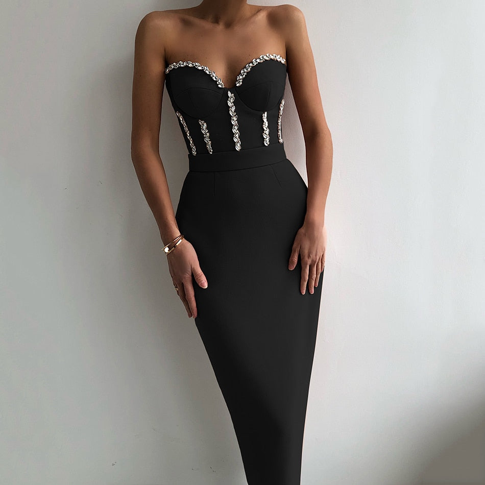 New Women'S Fashion Bead Chain Crystal Design Long Dress Sexy Sleeveless Backless Celebrity Party Bandage Dress