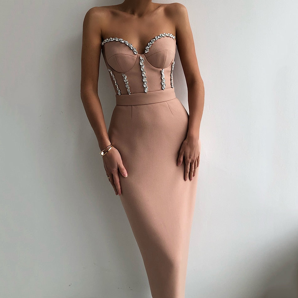 New Women'S Fashion Bead Chain Crystal Design Long Dress Sexy Sleeveless Backless Celebrity Party Bandage Dress
