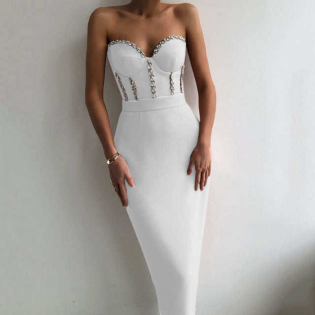 New Women'S Fashion Bead Chain Crystal Design Long Dress Sexy Sleeveless Backless Celebrity Party Bandage Dress