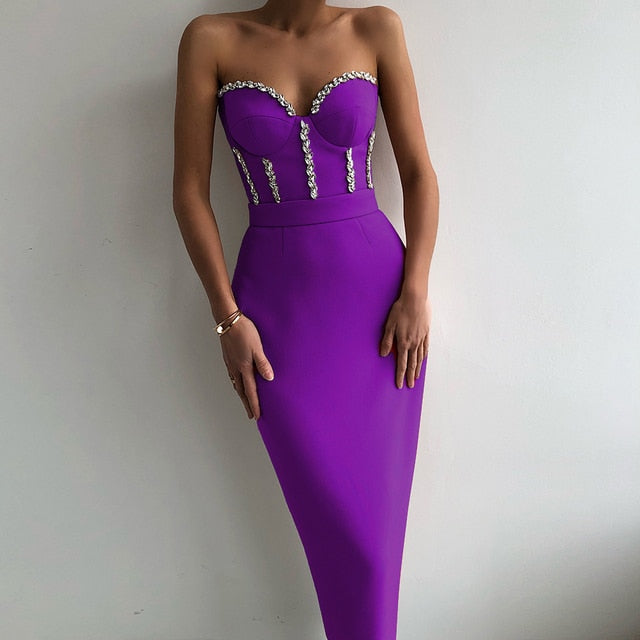 New Women'S Fashion Bead Chain Crystal Design Long Dress Sexy Sleeveless Backless Celebrity Party Bandage Dress