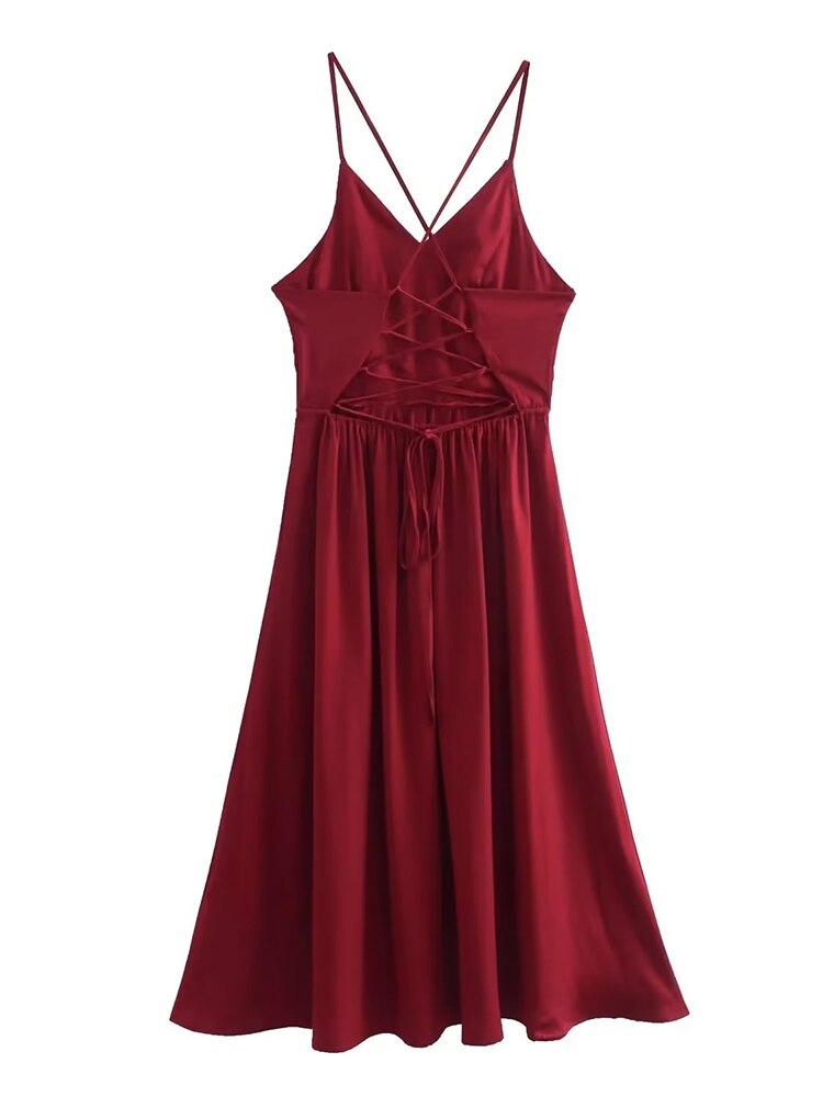 New Women Lace Up Bandage Backless Sling Dress Vintage Wine Red Sleeveless Ladies Satin Party Sexy Dresses