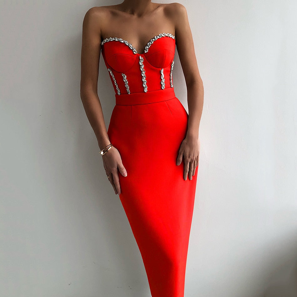 New Women'S Fashion Bead Chain Crystal Design Long Dress Sexy Sleeveless Backless Celebrity Party Bandage Dress