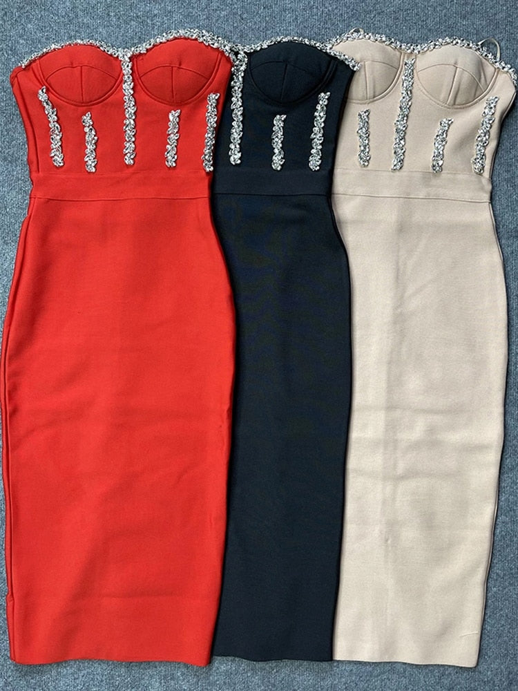 New Women'S Fashion Bead Chain Crystal Design Long Dress Sexy Sleeveless Backless Celebrity Party Bandage Dress