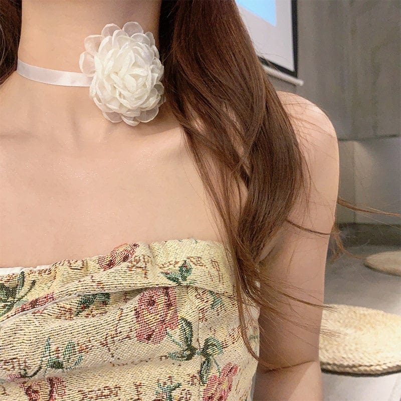 Chic Lace Camellia Flower Ribbon Collar Choker