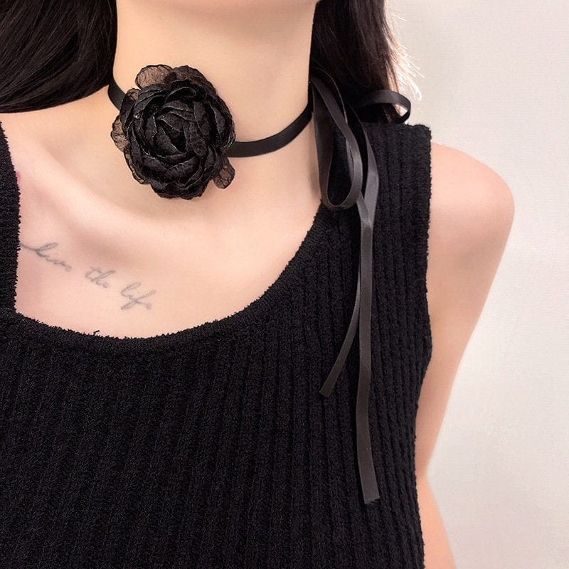 Chic Lace Camellia Flower Ribbon Collar Choker