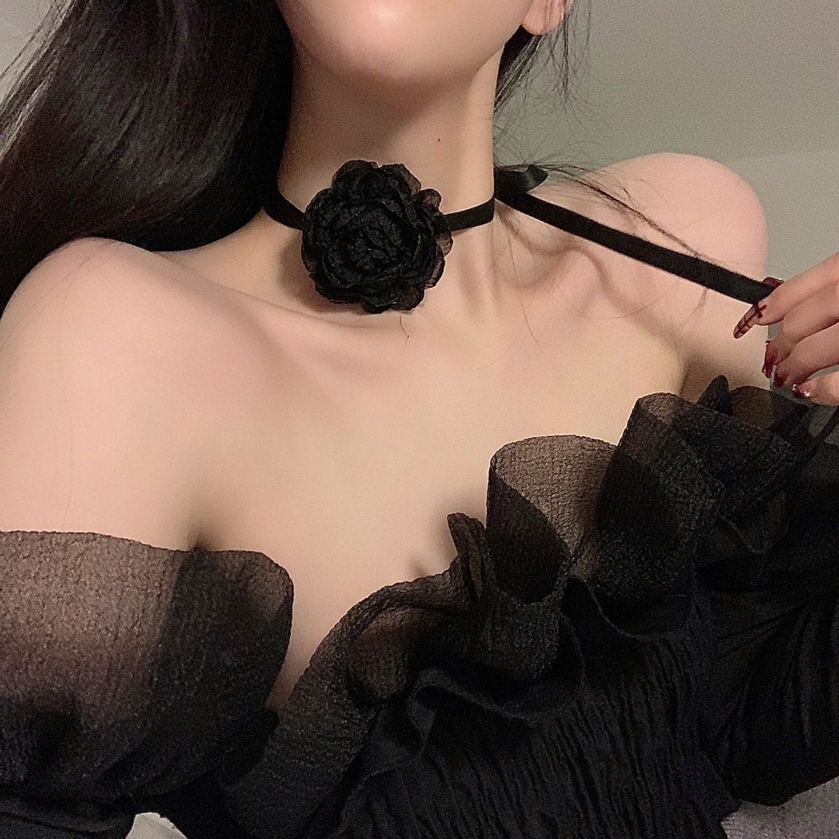 Chic Lace Camellia Flower Ribbon Collar Choker