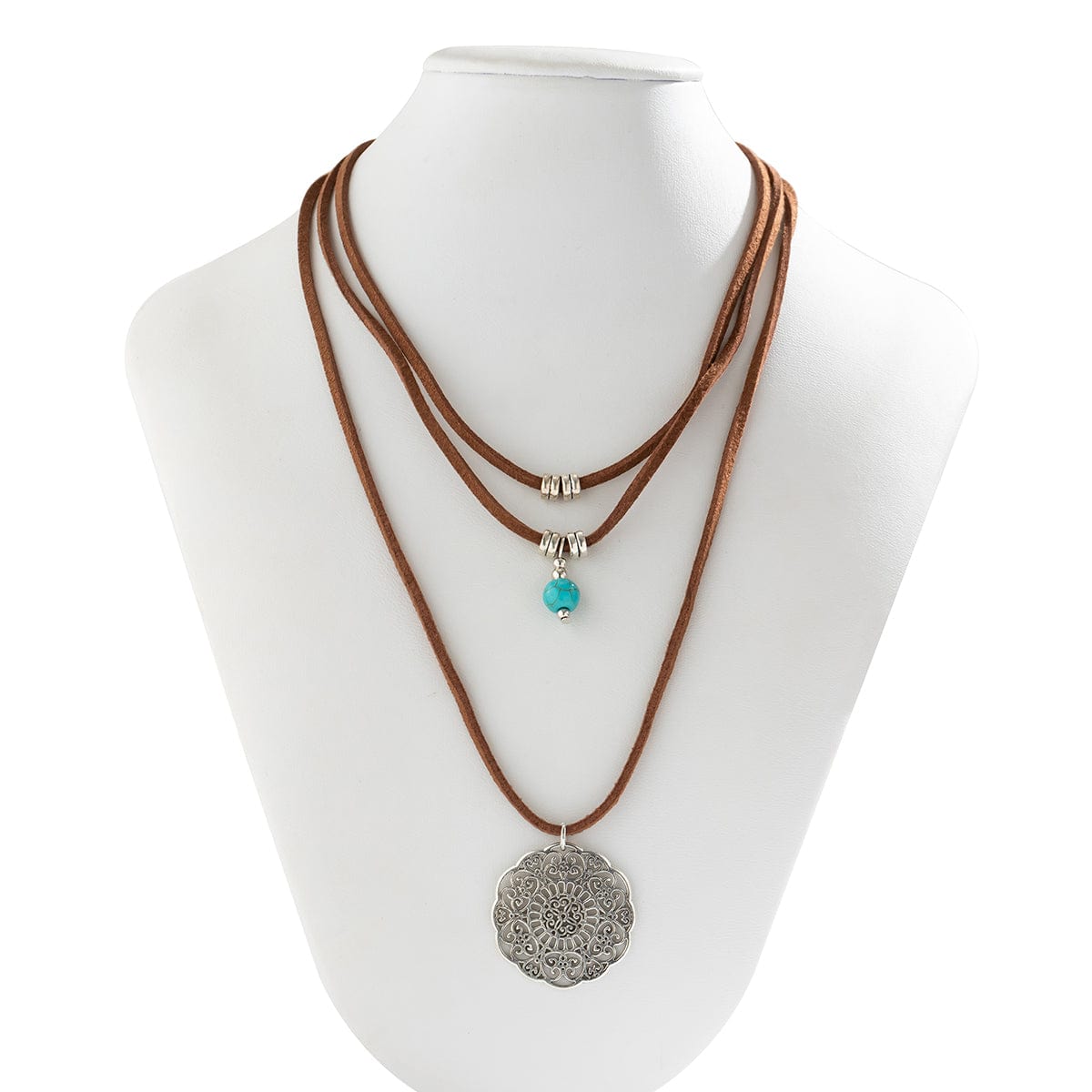 Chic Layered Carved Floral Round Disk Turquoise Pendant Velvet String Necklace