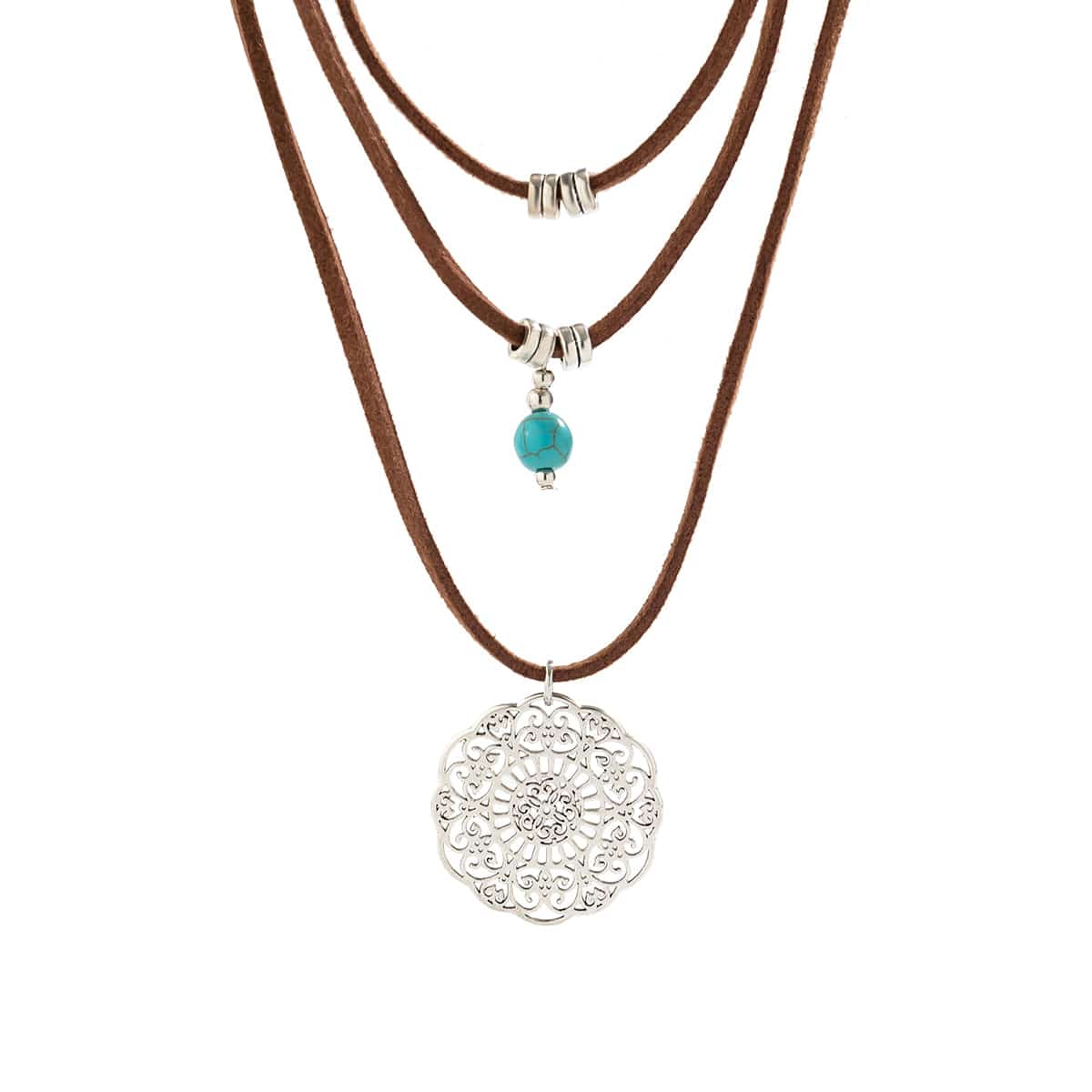 Chic Layered Carved Floral Round Disk Turquoise Pendant Velvet String Necklace