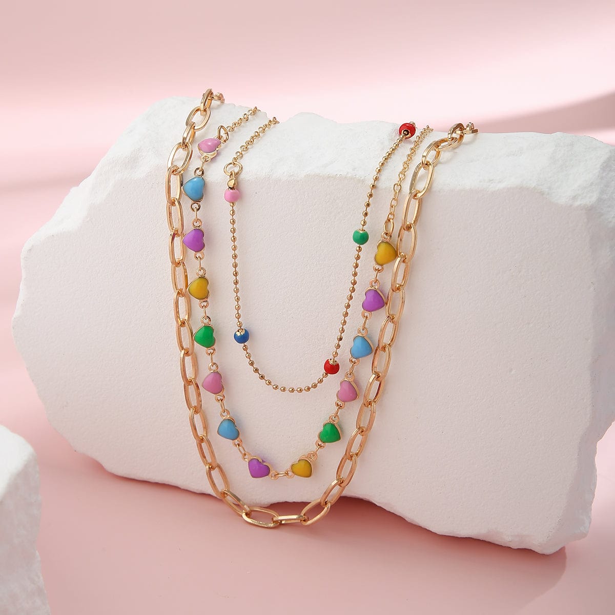Chic Layered Colorful Enamel Heart Chain Choker Necklace Set