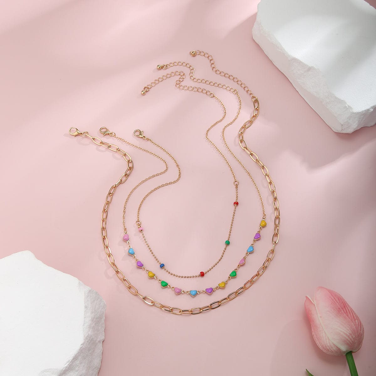 Chic Layered Colorful Enamel Heart Chain Choker Necklace Set