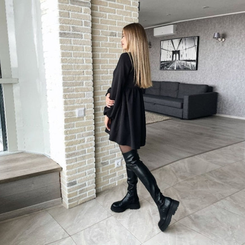O-Neck Folds Lantern Sleeve Casual Dresses Autumn Solid Color A-Line Loose Comfort High Waist Dress For Women New