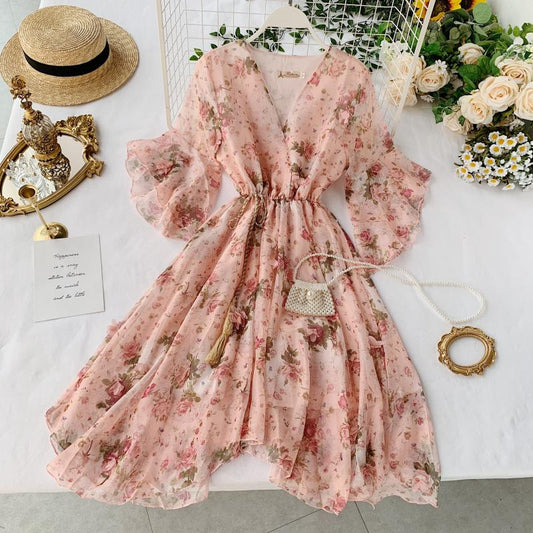 New Summer Women Dress Floral Chiffon Dress  V-neck Trumpet Sleeve Elegant Beach A-Line Dresses Vestido De Festa P775