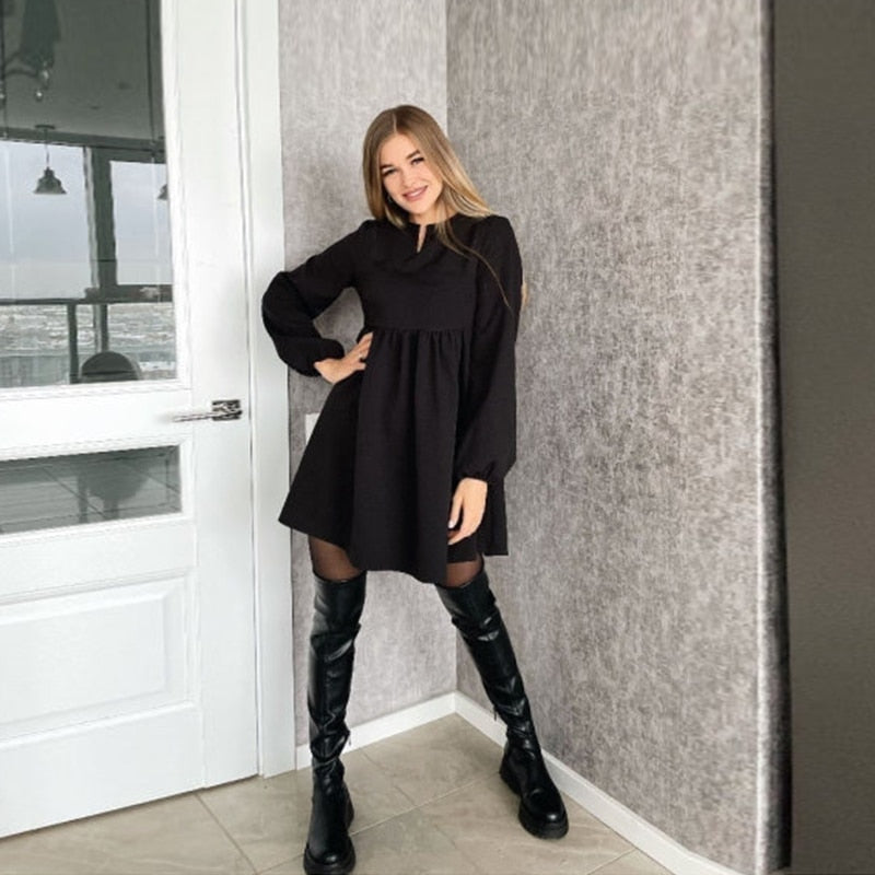 O-Neck Folds Lantern Sleeve Casual Dresses Autumn Solid Color A-Line Loose Comfort High Waist Dress For Women New