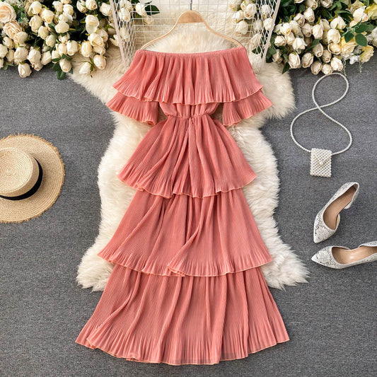 New Summer Women Beach Vacation Dress Sexy Slash Neck Off Shoulder Sweet Pleated Cake Hem Slim Long Dress