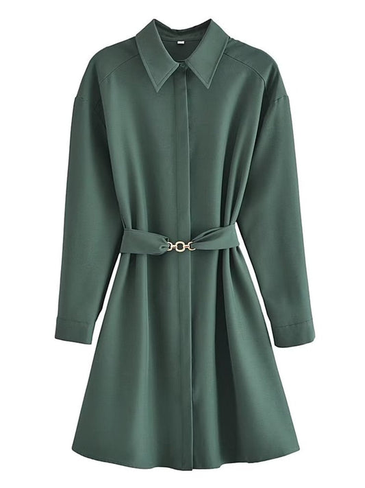 New Women Army Green With Belt Shirt Dress Long Sleeve Lapel Collar Female Autumn Dress Short Vestido