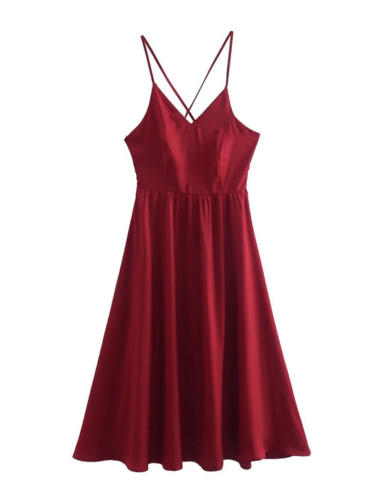 New Women  Lace Up Bandage Backless Sling Dress Vintage Wine  Red Sleeveless Ladies Satin Party Sexy Dresses