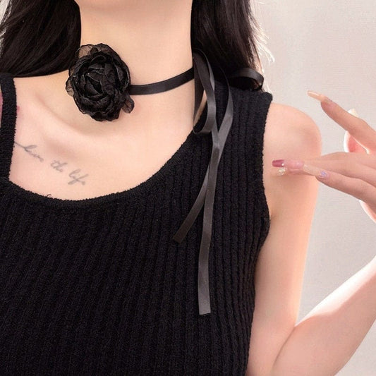Chic Lace Camellia Flower Ribbon Collar Choker