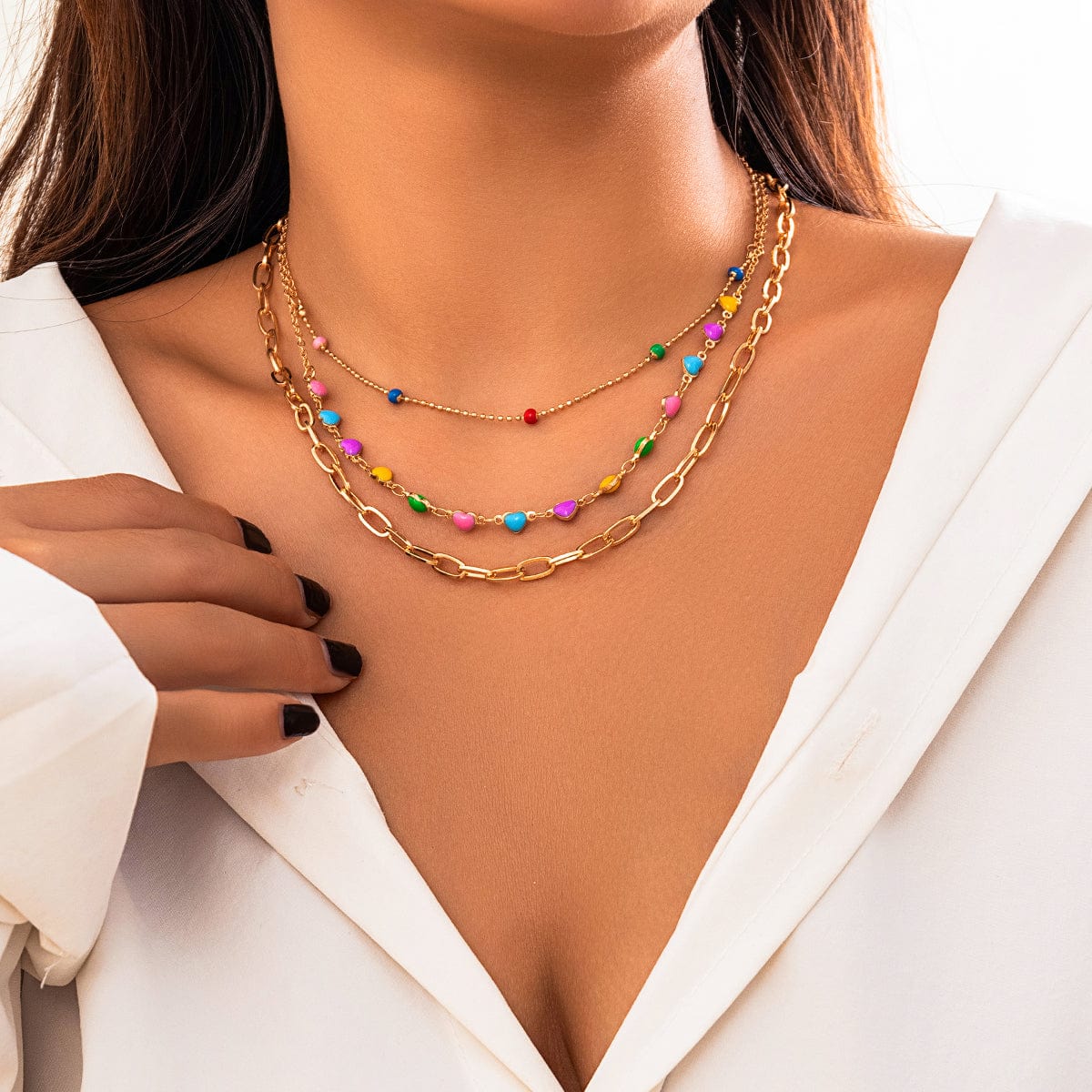 Chic Layered Colorful Enamel Heart Chain Choker Necklace Set