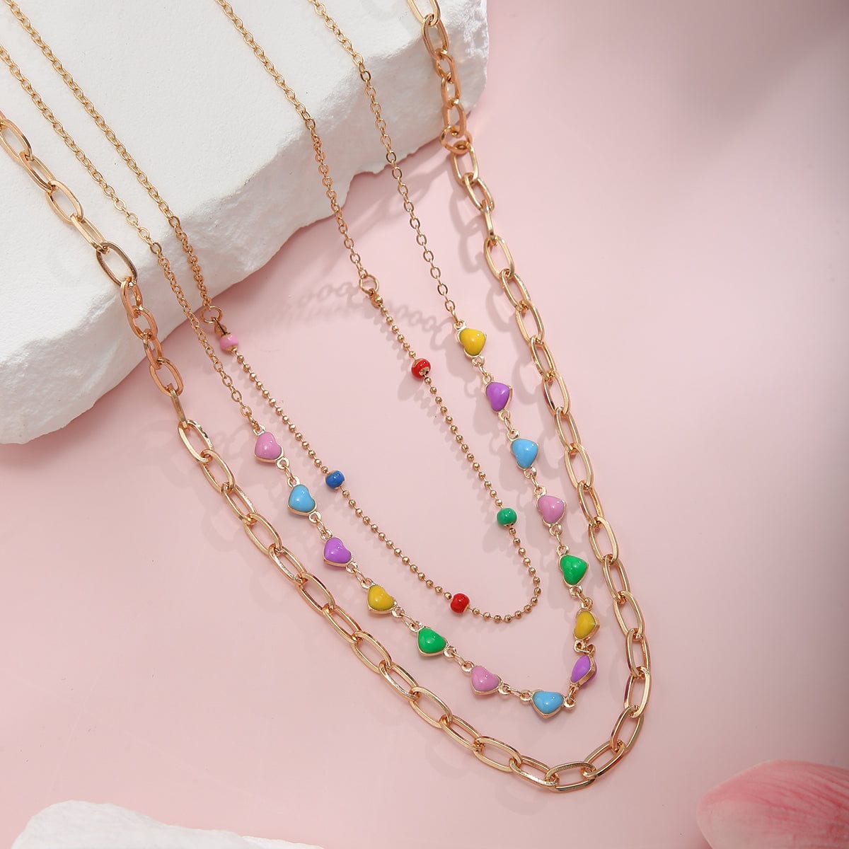 Chic Layered Colorful Enamel Heart Chain Choker Necklace Set