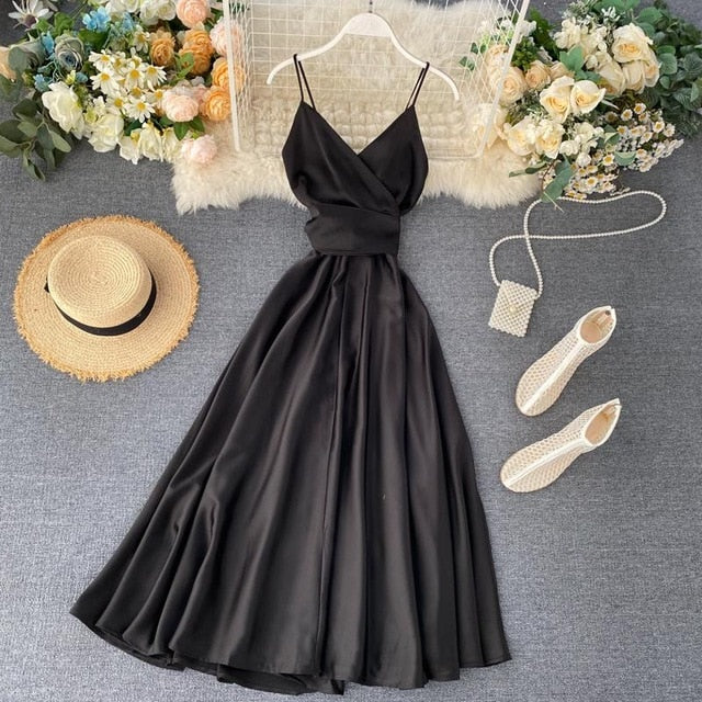 New Summer Women Sexy V Neck High Waist A-line Party Tank Sundress Elegant Bandage Bow Long Dress Vestidos Multicolour